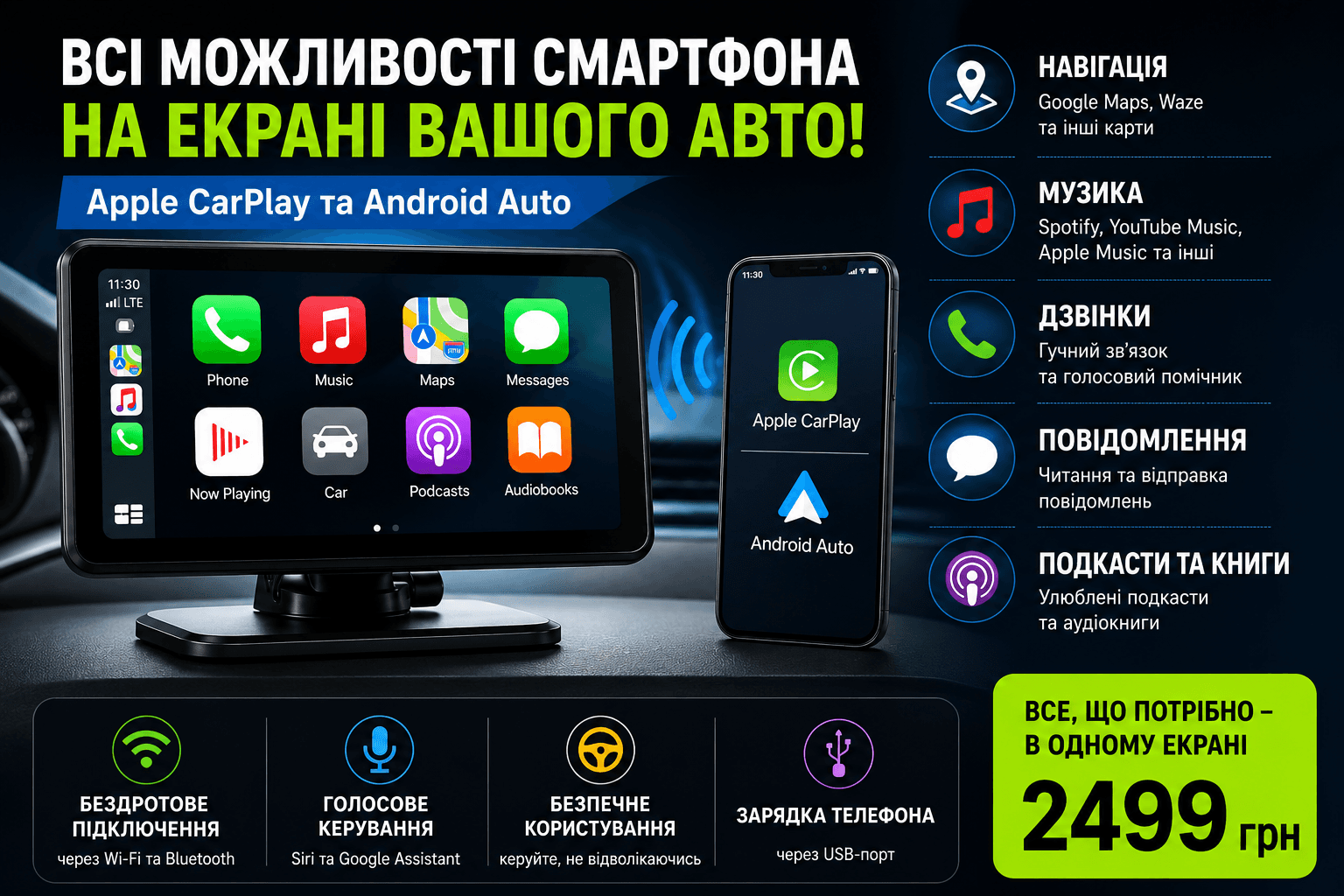 Портативний CarPlay 7″ — Apple CarPlay та Android Auto