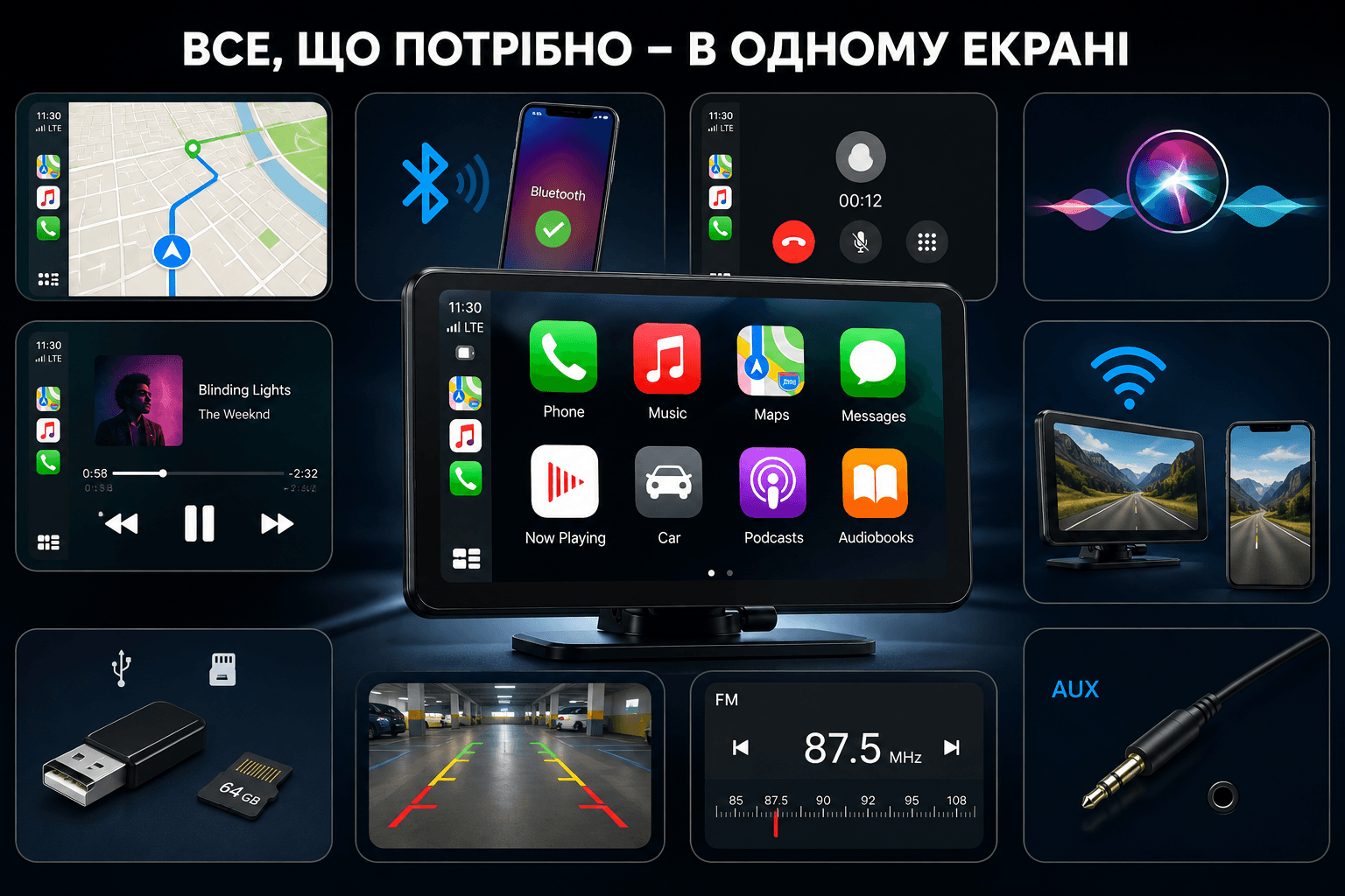 Портативний CarPlay 7″ — Apple CarPlay та Android Auto