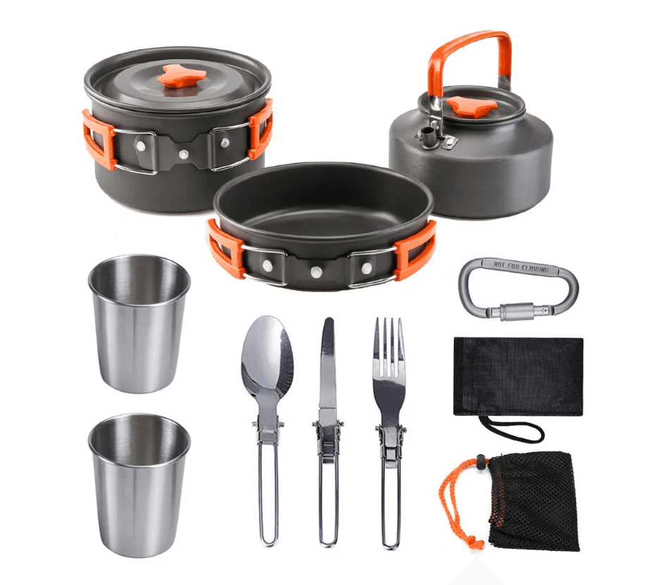 Набір туристичного посуду Camping cooking зі столовими приладами 10 в 1 — Набір посуду для походу, пікніка та риболовлі