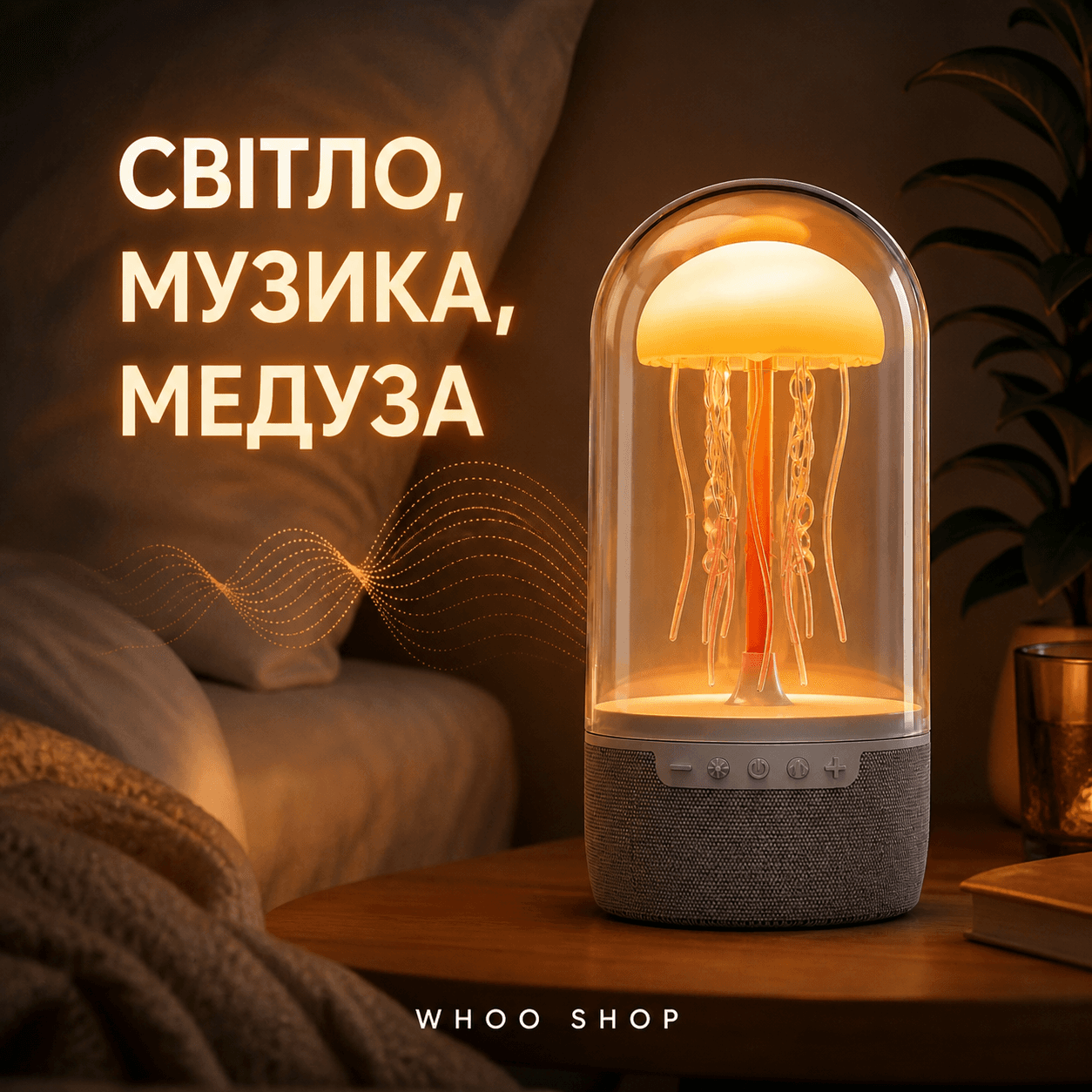Нічник-колонка "Медуза" рухома в колбі / Світильник з Bluetooth 23см х 10см — головне зображення