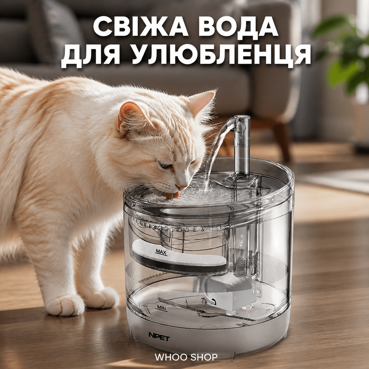 Питний фонтан напувалка для котів та собак NPET WF050TP 1.5L з фільтром прозорий — головне зображення